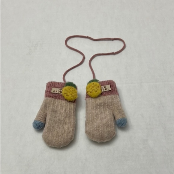 Cozy Beige and Blue Kids Mittens with Pom-Poms - Picture 1 of 3